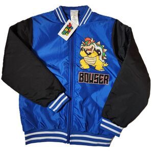 Super Mario Bowser Varsity Jacket Youth Medium 10/12 Blue/Black Zip‑Up NWT